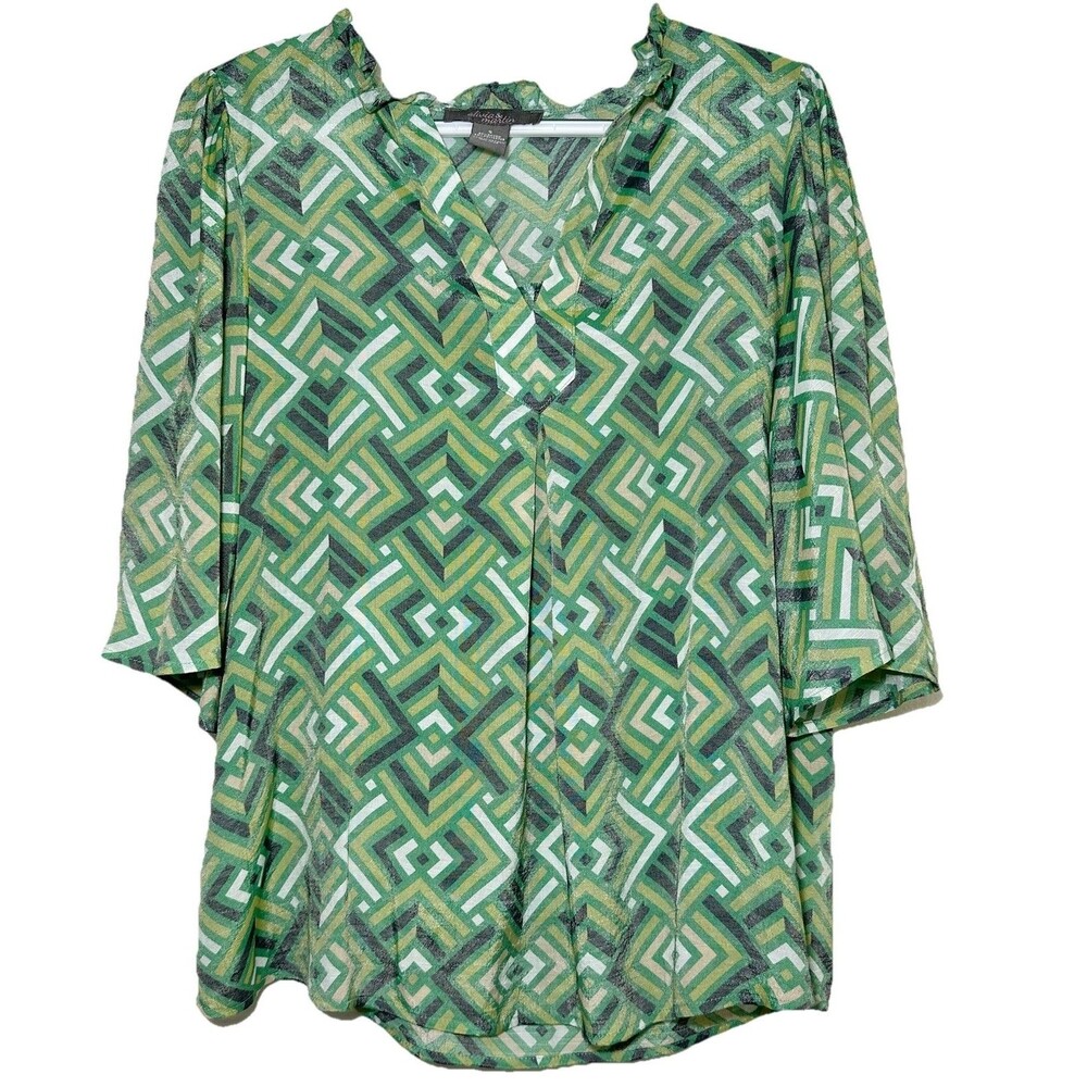 Olivia & Martin Green Geometric Print Blouse Women’s Small Ruffle Split Neck
